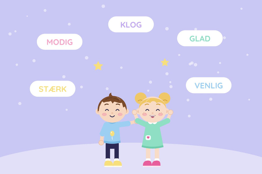 40 gode affirmationer til børn. Villum og Vilja mellem farverige hjerter og stjerner