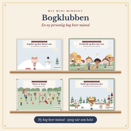 Bogklubben: fire personlige bøger med Sophie, Frederik, Sara og Emil på en bogreol